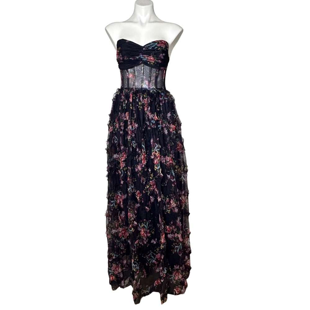 Dressalisa Maxi‎ Gown Womens S Navy Gently Used Floral Corset Tiered Ruffle Mesh - Picture 2 of 16